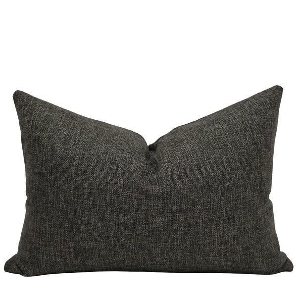 Raven Weave Lumbar Pillow Cover in rich charcoal-black textured performance upholstery fabric with a woven linen appearance, handcrafted by Hackner Home for luxury modern organic and contemporary interiors.