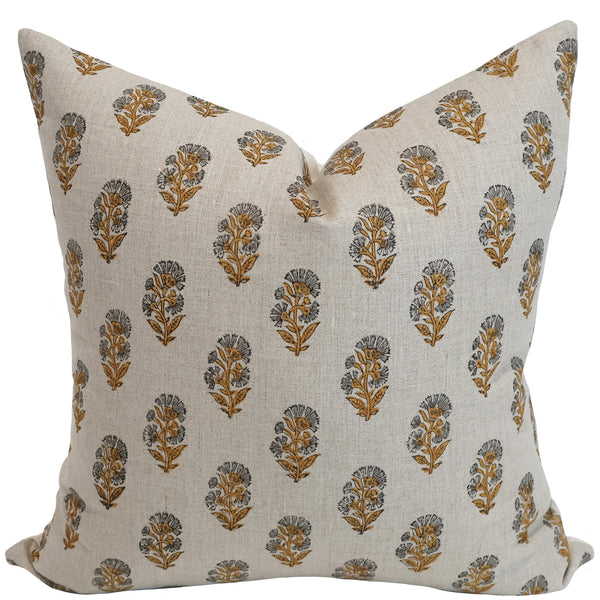 Saffron Garden Block Print Pillow Cover featuring hand block printed saffron gold and charcoal floral motifs on natural 100% linen, handmade by Hackner Home.