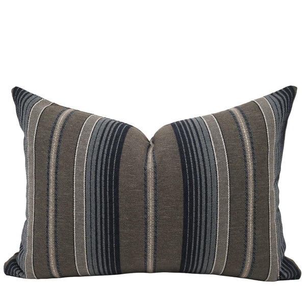 Sailcloth Stripe decorative lumbar pillow cover in navy blue, slate blue and taupe woven upholstery fabric handmade by Hackner Home