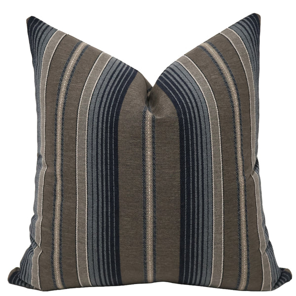 Sailcloth Stripe decorative pillow cover in navy blue, slate blue and taupe woven upholstery fabric handmade by Hackner Home