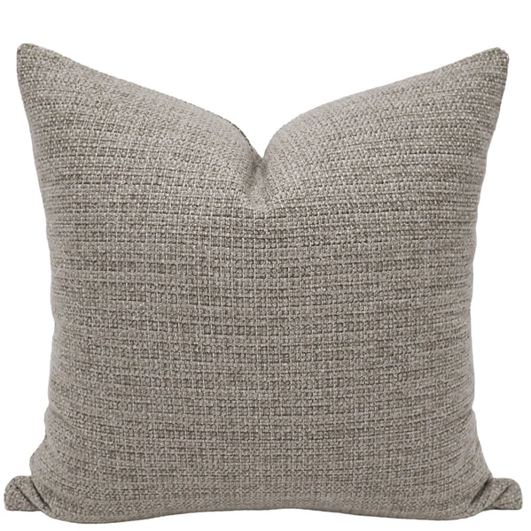 Stonewash Weave Pillow Cover in textured taupe and oatmeal indoor performance upholstery fabric with a richly woven designer finish, handmade by Hackner Home.