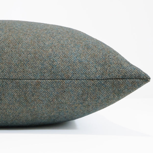 Verdant Texture Pillow Cover in green-gray wool blend upholstery fabric with a rich woven texture, handmade by Hackner Home for modern organic and rustic luxury interiors. Side view of cushion cover.