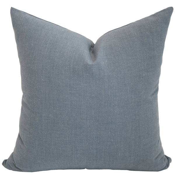 Washed Cotton Sky Pillow Cover in soft blue woven upholstery fabric, handmade by Hackner Home for coastal, modern organic, and transitional interiors.