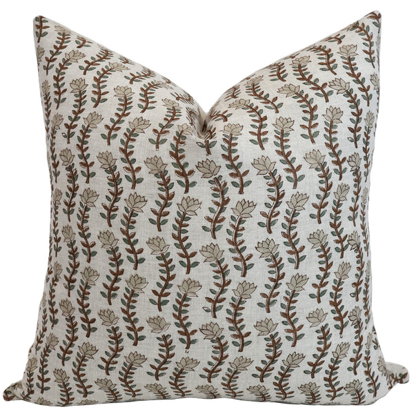 Willow Stem Linen Pillow Cover featuring hand block printed brown stems, sage green leaves, and ivory floral motifs on natural 100% linen, handmade by Hackner Home.