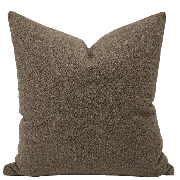 Woodland Bouclé decorative pillow cover in warm mushroom brown textured performance upholstery fabric, handmade in North Carolina by Hackner Home
