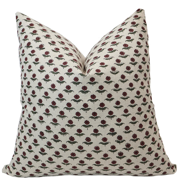 Hackner Home Heritage Rose block print pillow cover in cream with red floral design, handcrafted cotton cushion for timeless home decor.