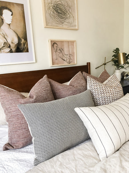 Bedroom Pillows, Bed Pillow Sets, Pillow Sets, Bedroom Design, Master Bedroom Decor, Hackner Home, On the Bed, BedRoom Styling, Curated Pillow Collection, Curated Pillows, Handmade Pillows, Pillow Shop, Pillows, Decorative Pillows, Decorative Pillow Covers, Designer Pillows, Designer Pillow Covers, Pink Pillows, Brown Pillows, Cream Pillows, Boho Farmhouse Pillows, Farmhouse Pillows 