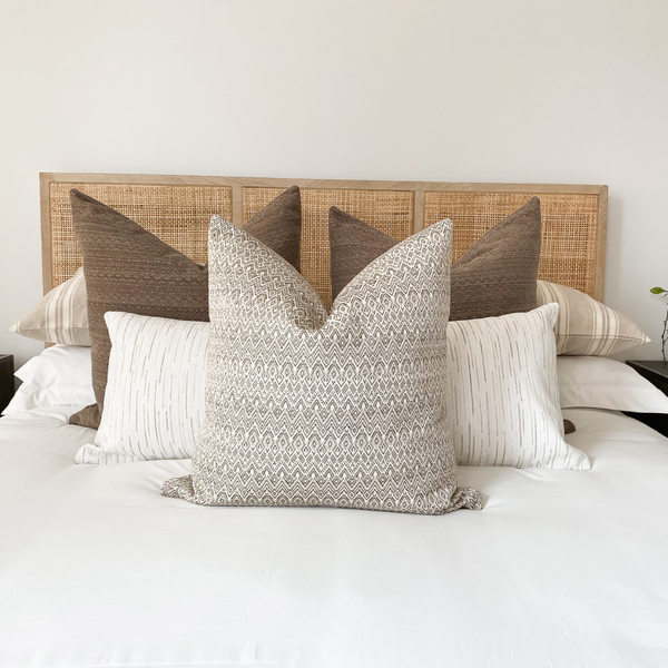 Brown Pillows, Brown Throw Pillows, Hackner Home, Hackner Home Designer Pillows, Handmade Pillow Shop, Handmade Pillows, Spring Pillows, Spring Throw Pillows, How to style pillows on the bed
